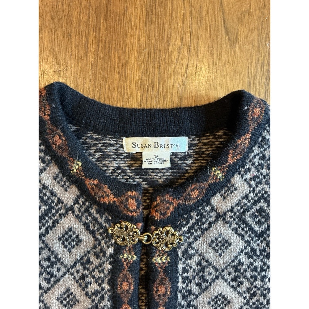 VTG Susan Bristol Cardigan Sweater 100% Wool Metal Nordic Fair Isle Knit Small - Picture 2 of 7